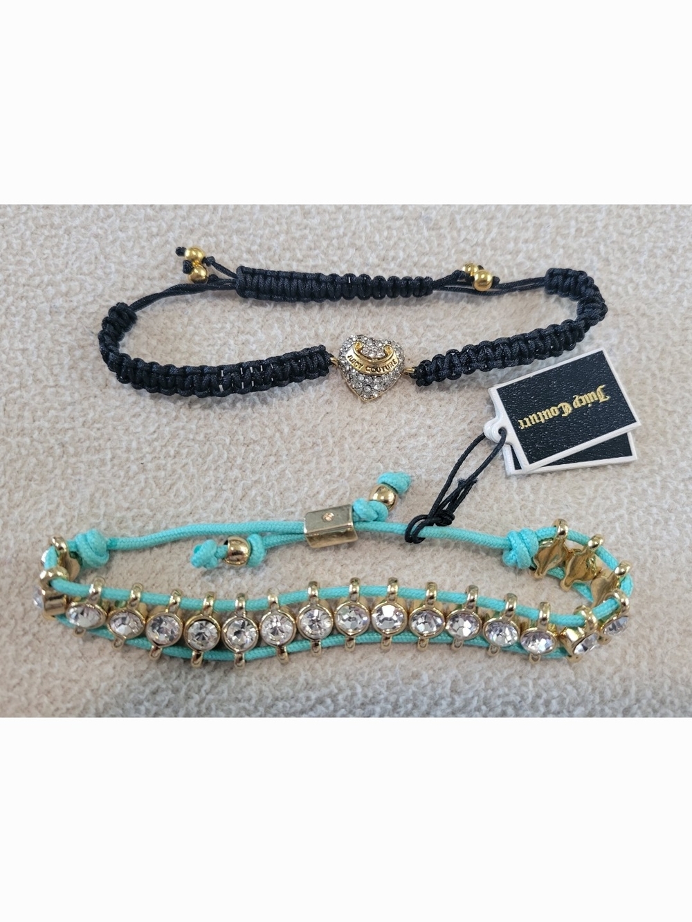 Juicy Couture Turquoise Crystal & Black Macrame Bracelet Duo with Gold Accents